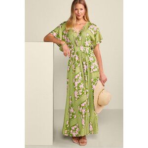 Soft Surroundings Women's Leslie Maxi Dress Green Pink Floral Kaftan Size Large